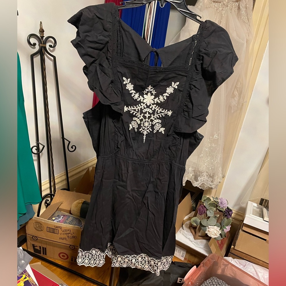 Old Navy Black Mini Dress with White Embroidery